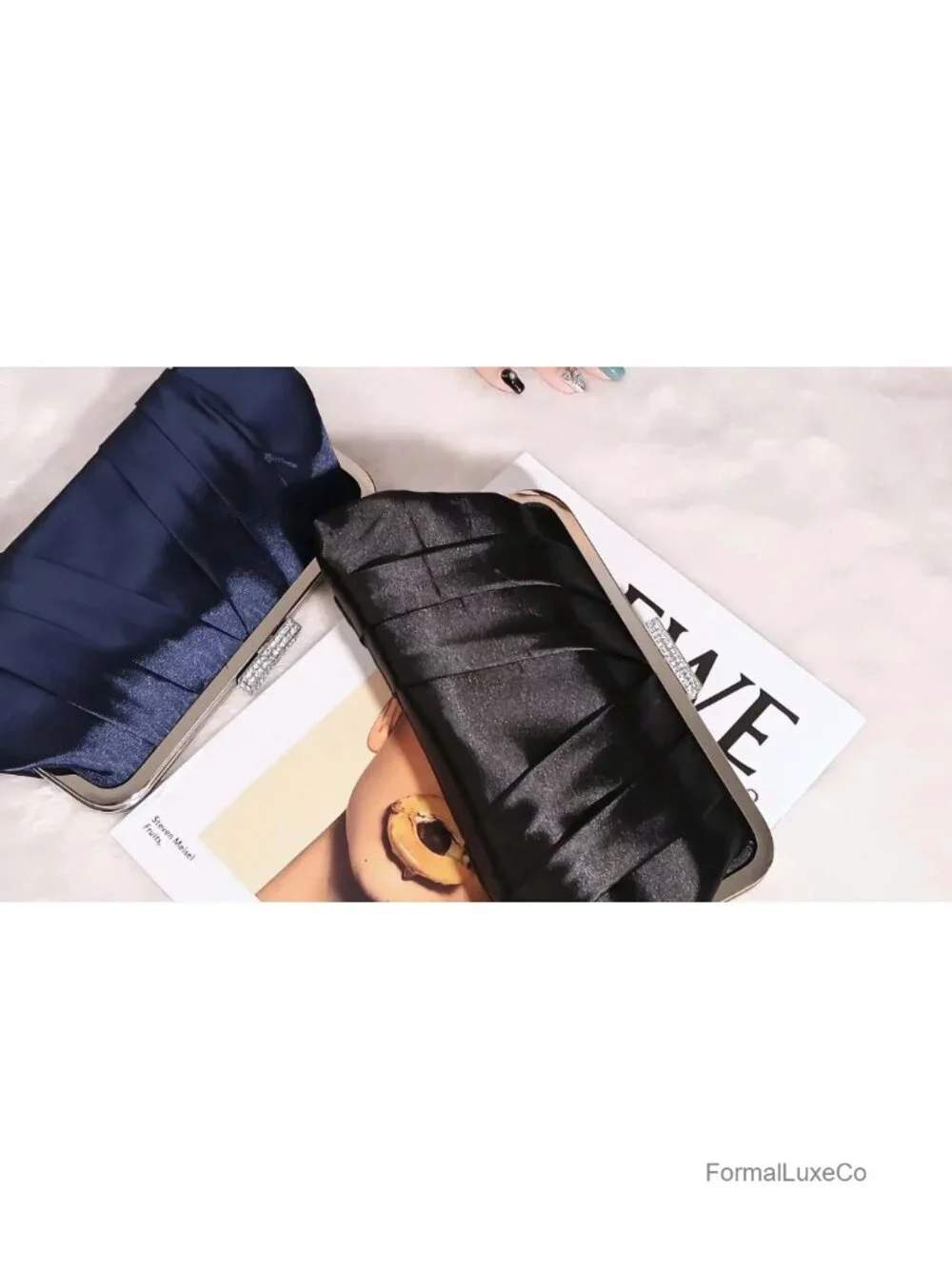 Satin Ruched Clutch with Kiss-Lock Closure and Detachable Chain